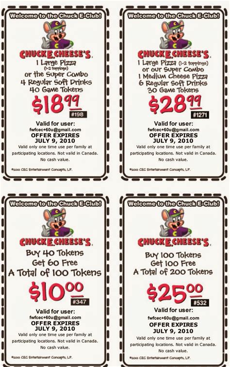 Chuck cheese coupons. Come visit your local Chuck E. Cheese's at 209 N. Berkeley Blvd., Goldsboro, NC 27534. We offer kids' birthday parties, arcade games, trampolines, family-friendly dining and more! ... Valid only at participating Chuck E. Cheese locations. Coupon must be presented at time of checkout. Limit 1 coupon per transaction. May not be combined with any ... 