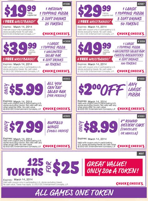 Chuck e cheese coupons 2023. Valid only at participating Chuck E. Cheese locations. Coupon must be presented at time of checkout. Limit 1 coupon per transaction. May not be combined with any other offer or discount. May not be redeemed on birthday parties or group reservations. Coupon has no cash value and may not be sold, duplicated or altered. ©2023 CEC Ent. Conc. LP. 