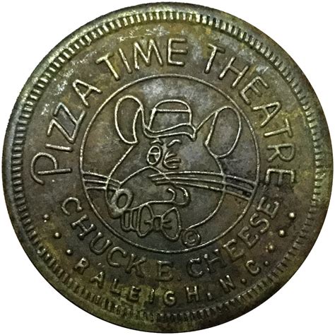 June 14, 2021 11:52AM edited June 14, 2021 12:25PM. Chuck E. Cheese token with city name and date: Chuck E. Cheese Pinole California 1981 Token. Brass, 25 mm, 5.32 gm. Obverse: Rat's head / PIZZA TIME THEATRE / CHUCK E. CHEESE / PINOLE, CA. Reverse: IN PIZZA WE TRUST / 25c PLAY VALUE / 1981.. 