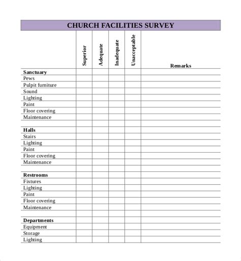 Church Facilities Maintenance Survey Template printable pdf download