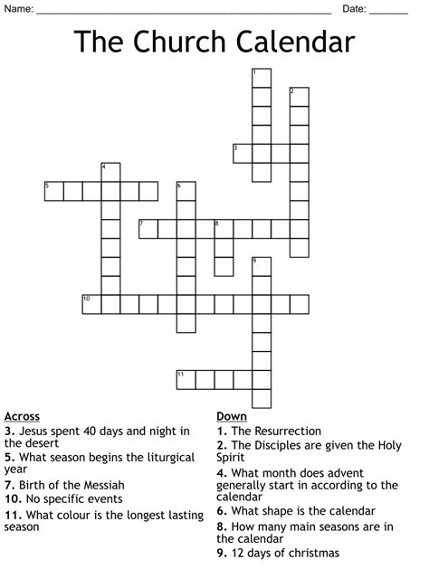 Church calendar crossword clue 4 letters. We found one answer for the crossword clue Catholic calendar.A further 4 clues may be related.. If you haven't solved the crossword clue Catholic calendar yet try to search our Crossword Dictionary by entering the letters you already know! (Enter a dot for each missing letters, e.g. “P.ZZ..” will find “PUZZLE”.) 