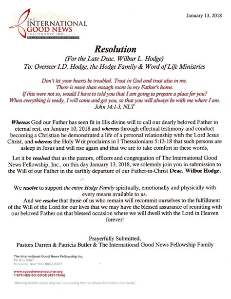 Church funeral resolution for a man. Resolution of Respect and Honor to Reverend William Donald Willis WHEREAS, God, in his infinite wisdom has seen fit to remove from our midst, Reverend William Donald Willis, Assistant Pastor at the First Baptist Church of Jericho, on November 18, 2014; and 