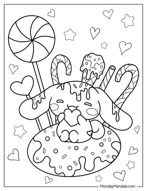 Cinnamon roll coloring pages. Cinnamoroll coloring pages are adorable illustrations featuring the popular Japanese character, Cinnamoroll. Children and fans can enjoy coloring these cute and charming images of the white puppy with long ears. These pages offer a fun and creative activity, allowing individuals to express their imagination and love for the beloved character. 