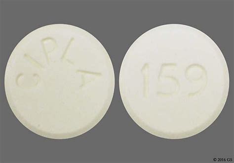 Cipla 159 round pill. Enter the imprint code that appears on the pill. Example: L484; Select the the pill color (optional). Select the shape (optional). Alternatively, search by drug name or NDC code using the fields above. Tip: Search for the imprint first, then refine by color and/or shape if you have too many results. 