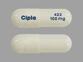 This white capsule-shape pill with imprint Cipla 422 100 mg on it has been identified as: Celecoxib 100 mg. This medicine is known as celecoxib. It is available as a prescription only medicine and is commonly used for Ankylosing Spondylitis, Familial Adenomatous Polyposis, Fibromatosis, Juvenile Rheumatoid Arthritis, Osteoarthritis, Pain ... 