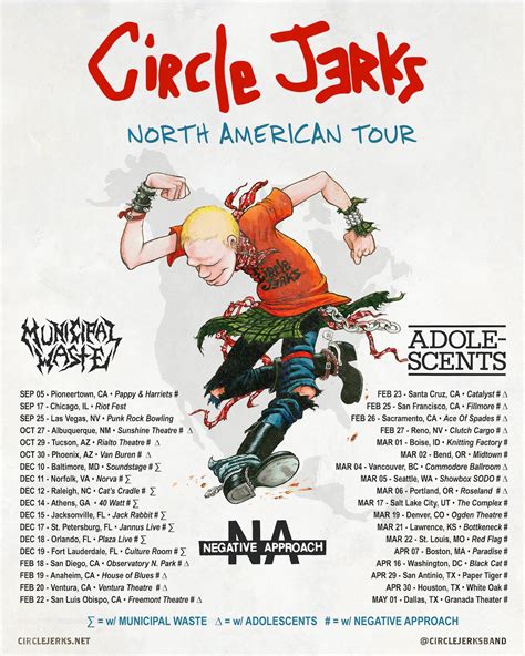 Circle jerks tour. Mar 14, 2024 · Descendents & Circle Jerks Spring 2024 U.S. Co-Headlining Tour Dates 3/15 – Tempe, AZ – Marquee Theatre (SOLD OUT) 3/16 – Albuquerque, NM – El Rey Theater (SOLD OUT) 