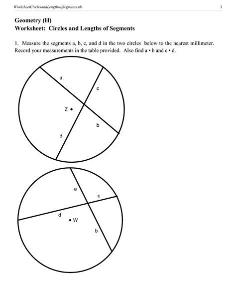 Circles And Segments Worksheet Geometry Worksheet For Studen