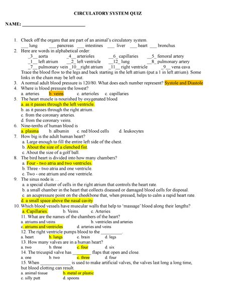 Circulatory System Quiz Word Document