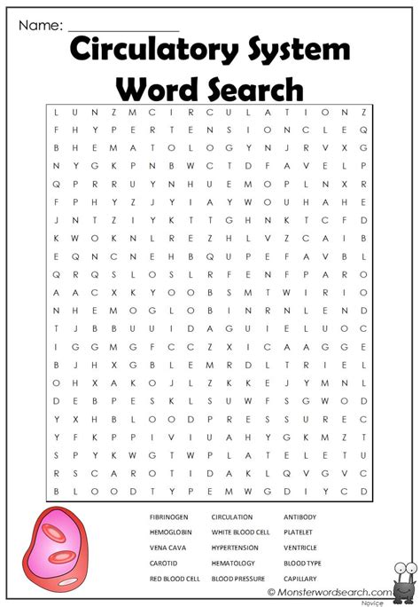 Circulatory System Word Search Monster Word Search