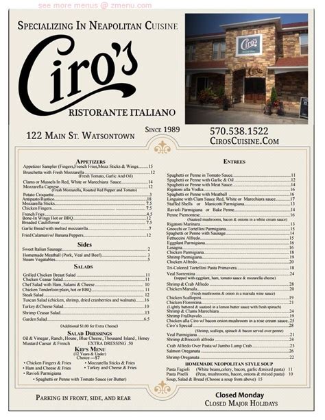 Watsontown Restaurants ; Ciro's Ristorante Italiano; Search “Hostess is Terrible” Review of Ciro's Ristorante Italiano. 12 photos. Ciro's Ristorante Italiano . 122 Main St, Watsontown, PA 17777-1713 +1 570-538-1522. Website. Improve this listing. Ranked #1 of 5 Restaurants in Watsontown. 47 Reviews. Cuisines: Italian. Restaurant …. 
