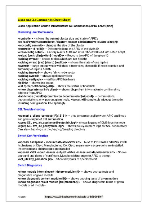 Cisco aci cli commands cheat sheet.  It lists basic commands for connecting to the APIC contr...