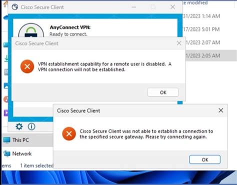 Cisco secure client no connection to vpn service reattach failed.  This appl...