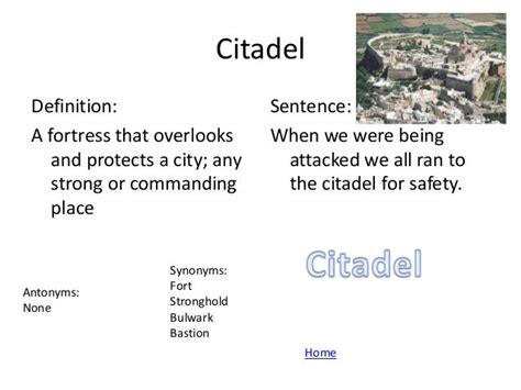 Citadel antonyms. Antonyms for 'Citadel'. Best antonyms for 'citadel' are 'cabin', 'shack' and 'shed'. 