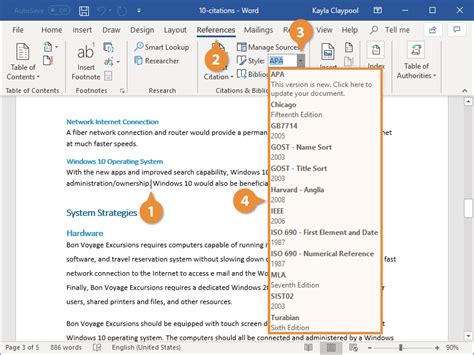 Citation in word. Select the source you want, and Word correctly inserts the citation into the document. By default, Word uses the APA style for citations, but you can change that by picking another option from the "Style" dropdown right next to the "Insert Citation" button. 