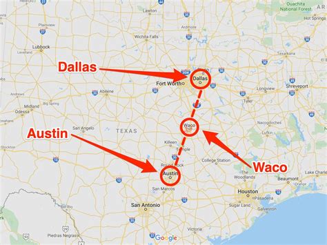 Cities between Waco and Austin