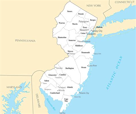 Cities in nj map. 572114. 103 sq mi. Warren County. Belvidere. 1824. 110731. 358 sq mi. Now, the fourth map shows all counties of this state and this map is visually different from all three maps. The fifth map is a cities and towns map of New Jersey that shows all counties, major cities, city roads and interstate highways. 