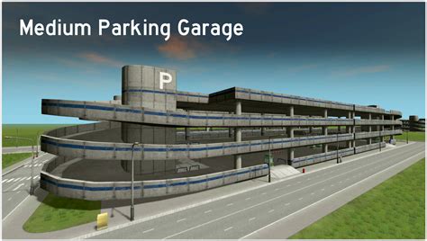 Modern Parking Garage (8-Story) by KingLeno A modern garage with a metal facade, glass entrance, and colorful signs. 8x11 Lot, same layout as University City Parking Garage, but with 8 stories instead of 3.. 