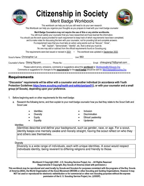 Citizenship in society merit badge workbook. For Scouts who have not completed all requirements for the rank of Eagle Scout by that date, Citizenship in Society will become required. On July 1, 2022, the number of required badges will increase to 14, and the number of optional badges will be reduced to 7. The total number of merit badges will remain at 21. 