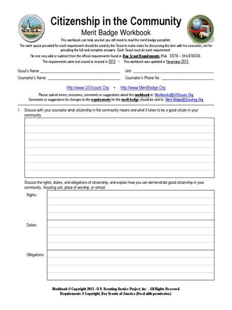 Boy Scouts of America Citizenship in the Community Merit Badge Virtual Workbook (2020) Page 10 of 12 REQUIREMENT 7a, 7b, 7c PREREQUISITE (completed outside of classtime) a. Identify three charitable organizations outside of scouting that interest you and bring people in your community together to work for the good of your community. b.. 