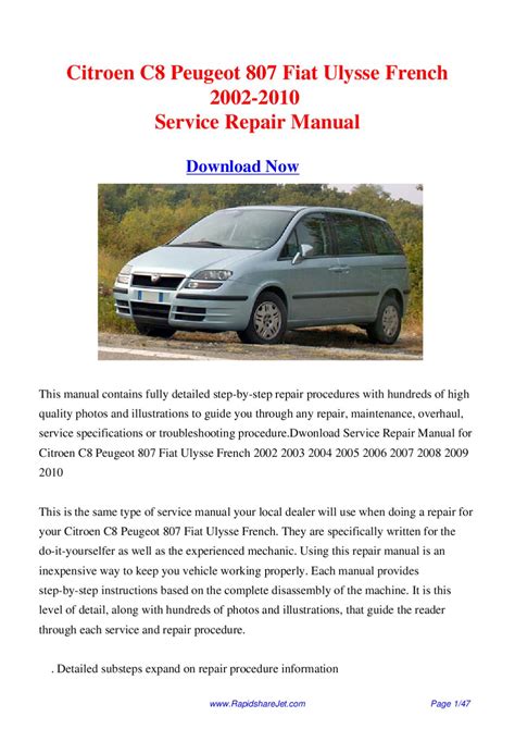 Citroen c8 peugeot 807 fiat ulysse workshop service manual. - Ten minutes to the pitch your last minute guide and.