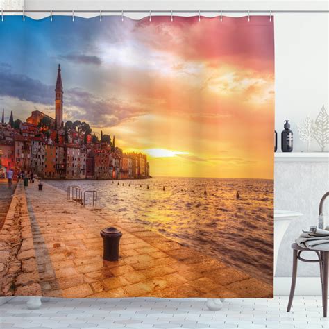 Cityscape Shower Curtain, Sunset at Rovinj Adriatic Sea Coast of ...