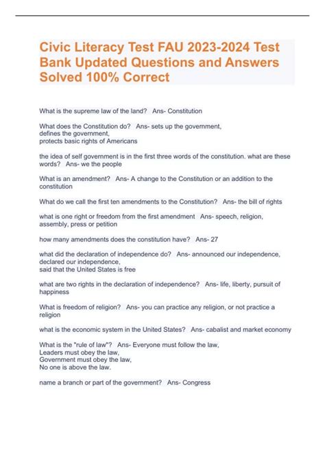 Civic Literacy Test FAU Test Bank Updated Questions and Answers Solved