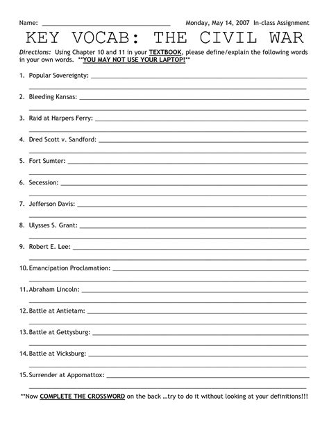 Civil War Vocabulary Worksheets