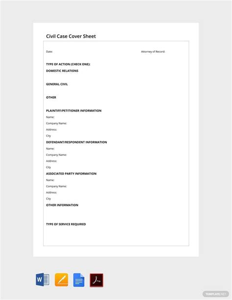 Civil case cover sheet in Word and Pdf formats