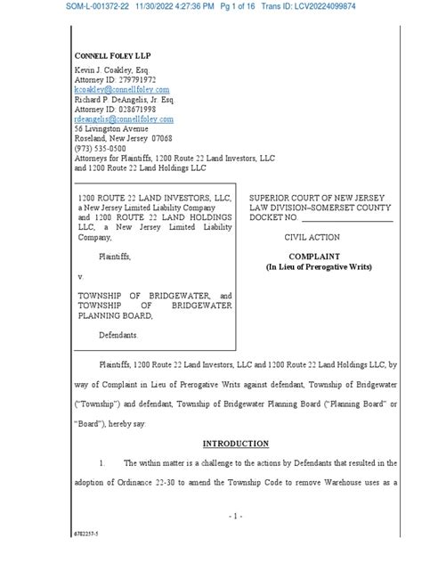 CivilCaseJacket (1) - Free download as PDF File (.pdf), Text File (.txt) or read online for free. 1200 ROUTE 22 LAND INVESTORS, LLC, and 1200 ROUTE 22 LAND HOLDINGS v TOWNSHIP OF BRIDGEWATER, and TOWNSHIP OF BRIDGEWATER PLANNING BOARD . 