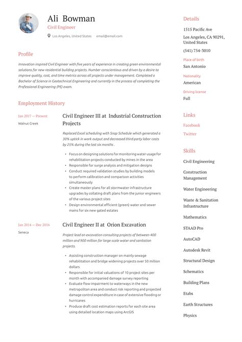 Civil engineer resume. A senior civil engineer resume should be a comprehensive summary of the job seeker’s professional experience and qualifications. It should include a brief overview of the applicant’s educational background, professional experience, and any relevant skills or qualifications. The resume should also highlight any awards, certifications, or ... 