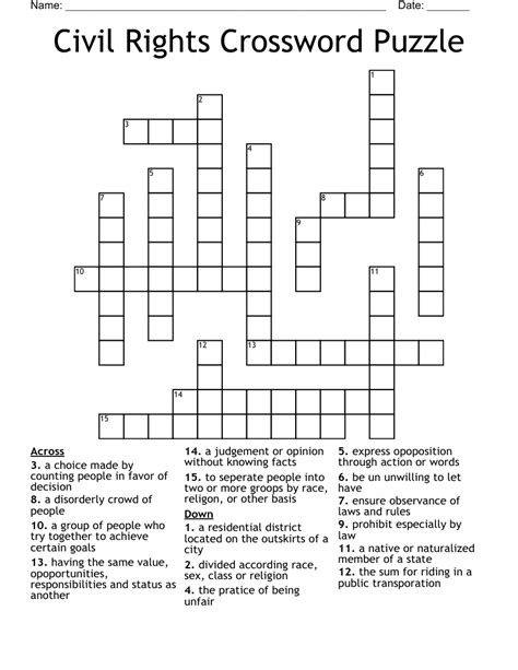 Civil rights crossword puzzle answers. The Crossword Solver found 30 answers to "rights org.", 5 letters crossword clue. The Crossword Solver finds answers to classic crosswords and cryptic crossword puzzles. Enter the length or pattern for better results. Click the answer to find similar crossword clues . Enter a Crossword Clue. 