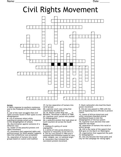 Civil rights movement crossword. Description: Timeline indicating significant events in African American civil rights in Kentucky and the United States from 1792 to 1996. Hyperlinks in the timeline lead to pages with more information about the people, events, and laws that are referenced. The Civil Rights Digital Library received support from a National Leadership Grant for ... 