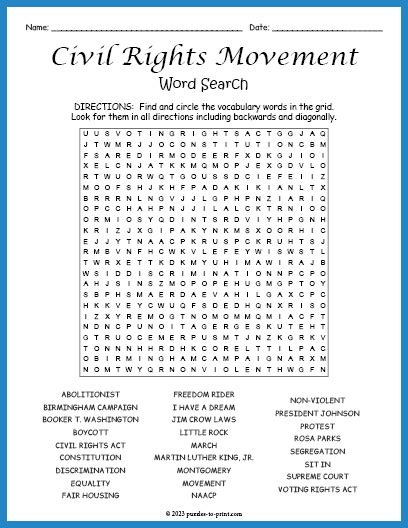 Civil rights movement word search answer key. This book explores the passage of the Civil Rights Act of 1964 and the Voting Rights Act of 1965 and addresses their effects during and after the civil rights movement. Inside the Civil Rights Movement Kristen Rajczak Nelson 2017-12-15 "The U.S. civil rights movement rose to prominence in the 1950s, with protests finally compelling civil rights ... 