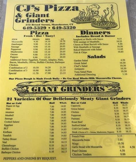 Jan 22, 2018 · CJ's Pizza and Giant Grinders, Manchester: See 41 unbiased reviews of CJ's Pizza and Giant Grinders, rated 4.5 of 5 on Tripadvisor and ranked #21 of 136 restaurants in Manchester. . 