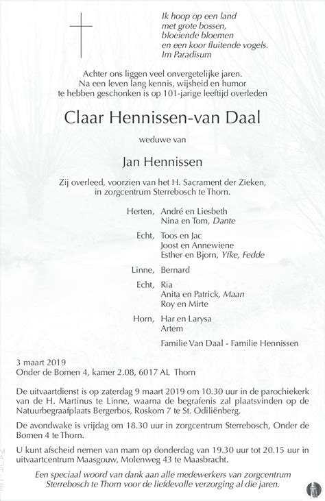 Claar Hennissen - van Daal 03-03-2024 overlijdensbericht en ...