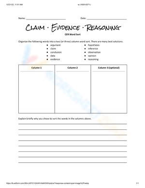 Claim, Evidence And Reasoning Word Sort Worksheet