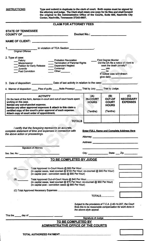 Claim For Attorney Fees Form Tennessee Printable Pdf Download