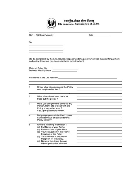 Claim Form Lic Claim Form