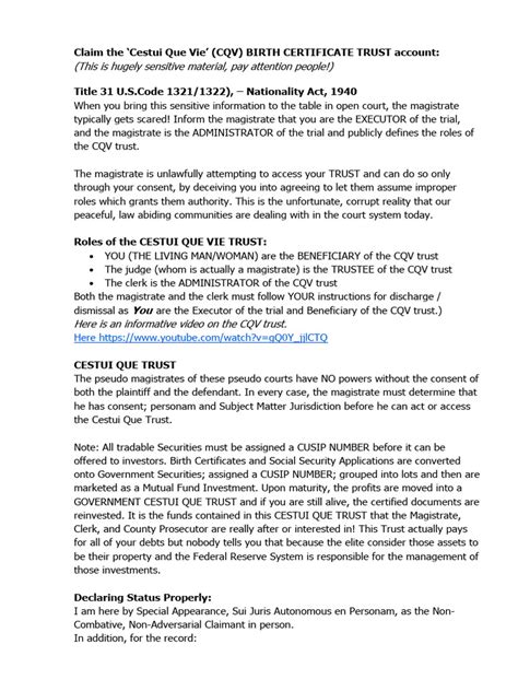 Claim the BIRTH CERTIFICATE TRUST PDF Magistrate Arrest