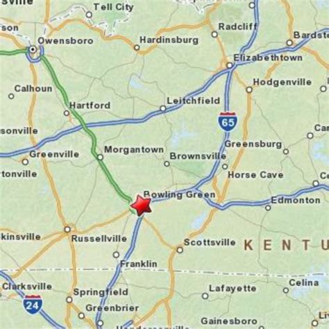 Clarksville, TN. Nashville, TN. Elizabethtown, KY. Owensboro, KY. La Vergne, TN. Brentwood, TN. Radcliff, KY. The center of each city listed is within 67 miles of Bowling Green, KY. Scroll down the page to find a list of big cities if you're booking a flight between airports, or a list of smaller surrounding towns if you're doing a road trip.. 