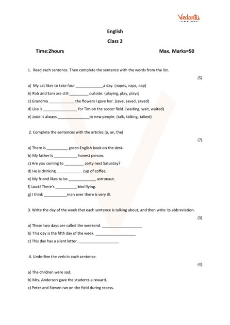 Class 2 english question paper pdf.  Download CBSE Class 2 Worksheets, Sample Paper & Question P...