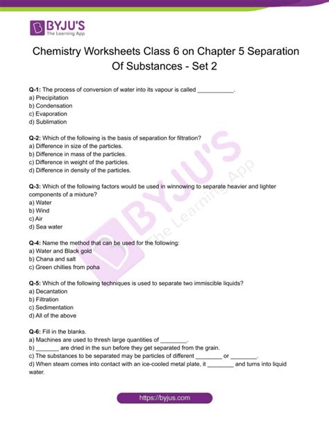 Class 6 Chemistry Worksheet on Chapter 5 Separation of Substances Set 2