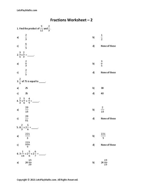 Class 7 Fractions Worksheet PDF