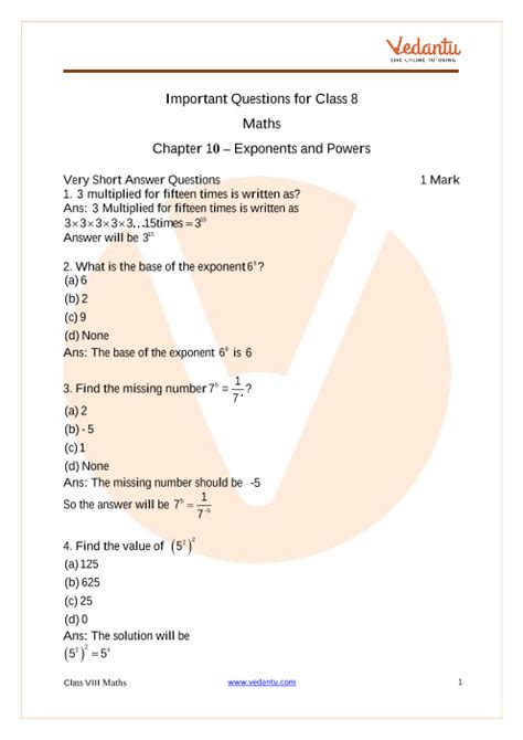 Class 8 important questions for maths exponents and powers.  Feb 23, 2026 · P...