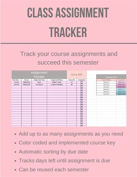 Class Assignment Tracker Google Sheets Spreadsheet Template Etsy