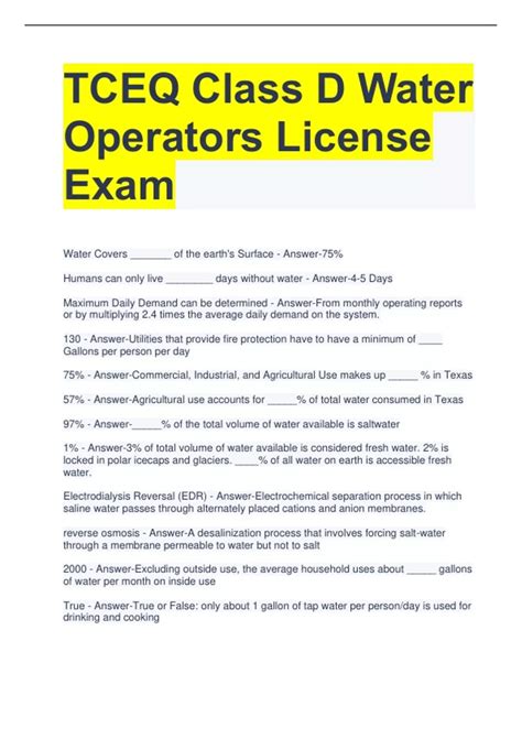 Class D Water Operator License Exam TCEQ Flashcards Quizlet