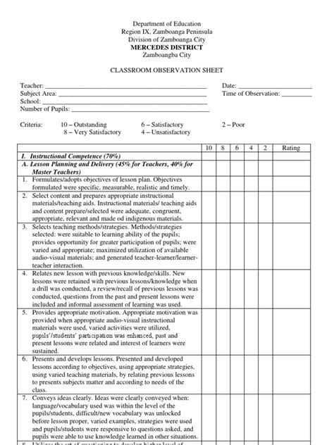 Class Observation Sheet PDF Educational Assessment Lesson Plan
