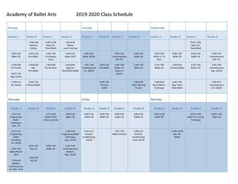 Class Schedule Academy of Ballet Arts