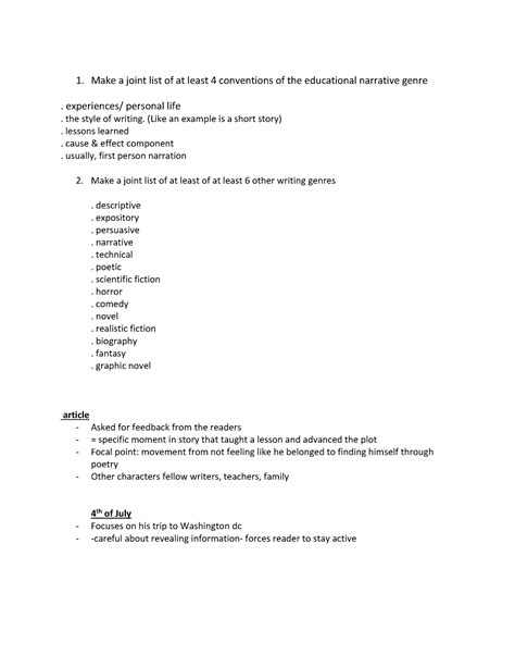 Class notes on educational narrative 1. Make a joint list of at least