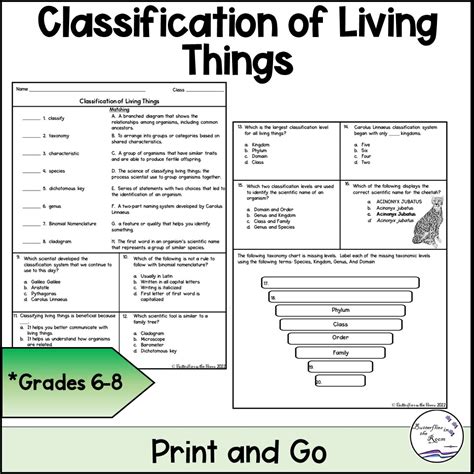 Classification of Living Things Worksheet Classful